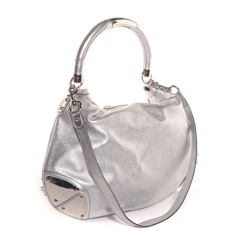 GUCCI Leather Medium Indy Top Handle Hobo Silver